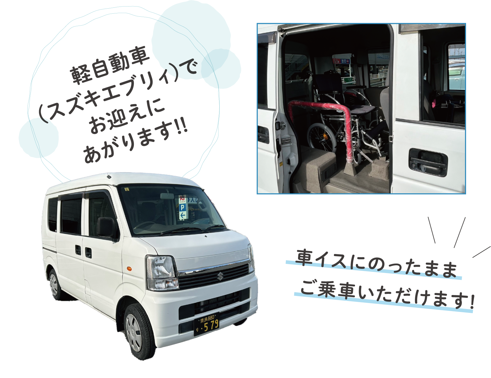 軽自動車(スズキエブリィ)でお迎えにあがります!!車イスにのったまま
          ご乗車いただけます!